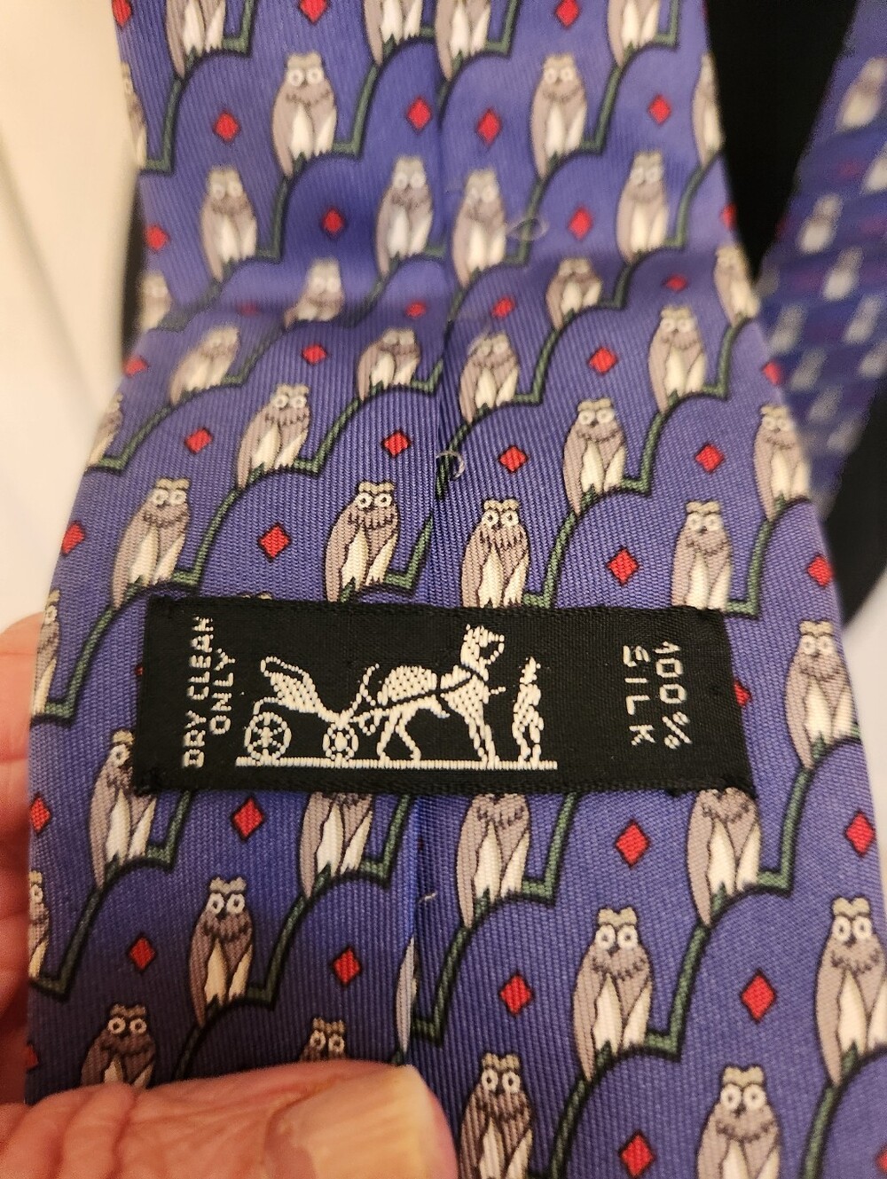 HERMES Vintage Purple Owl Pattern Themed Silk Tie - Picture 5 of 6